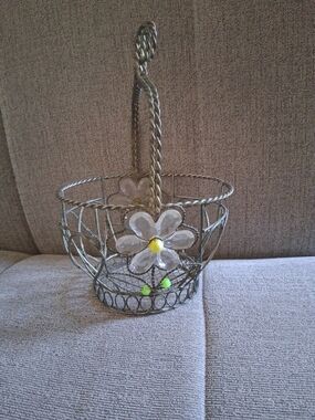 Vintage Decorative Wire Basket with Flower Accents 11 Inch